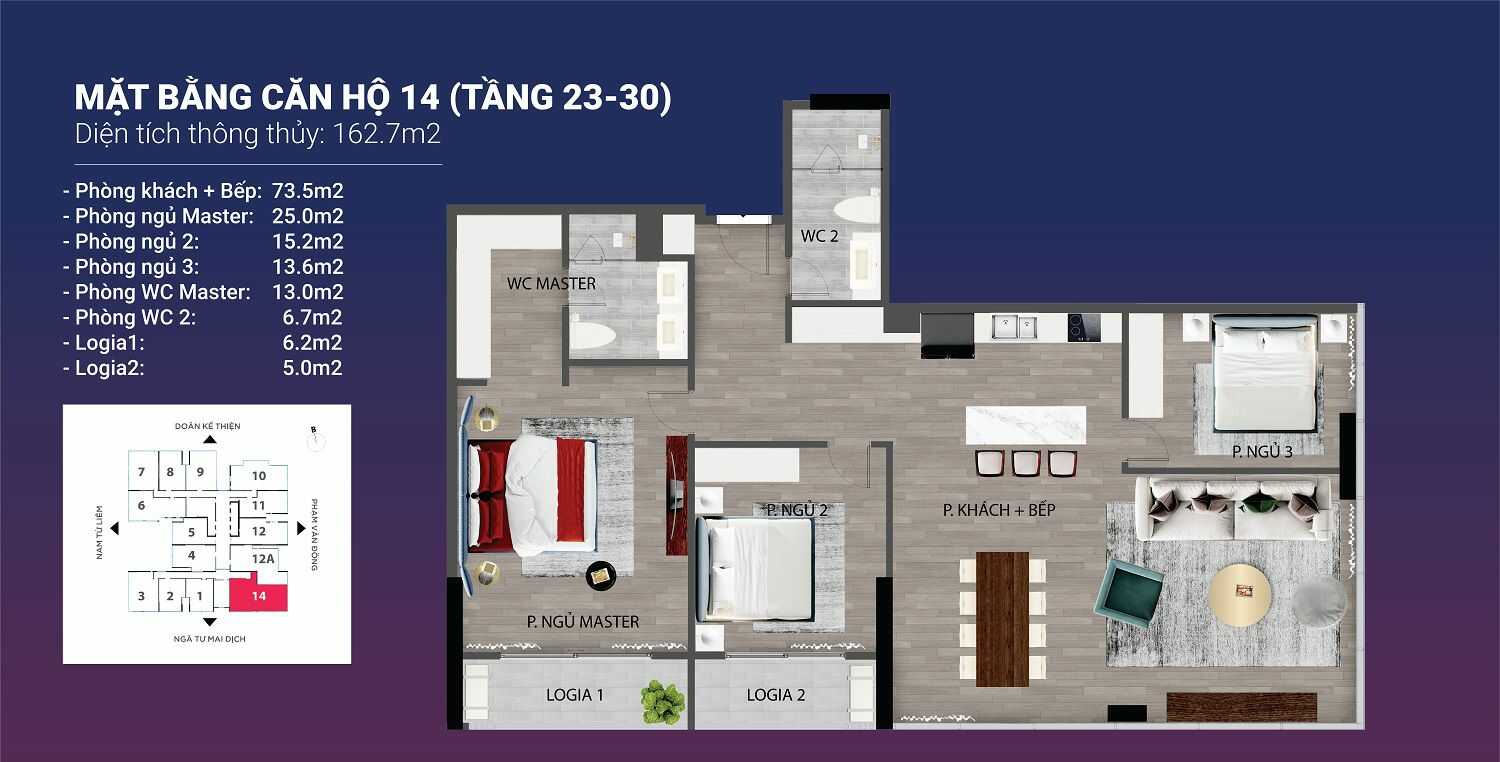 Mặt bằng căn hộ 3 phòng ngủ chung cư The Nine Phạm Văn Đồng 12