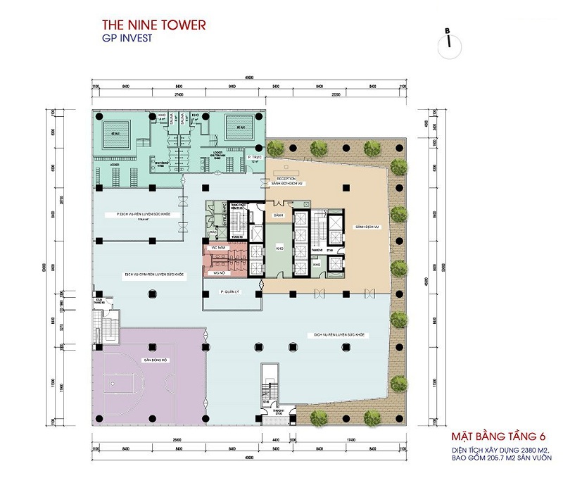 Mặt bằng tầng 6 chung cư The Nine Tower số 9 Phạm Văn Đồng